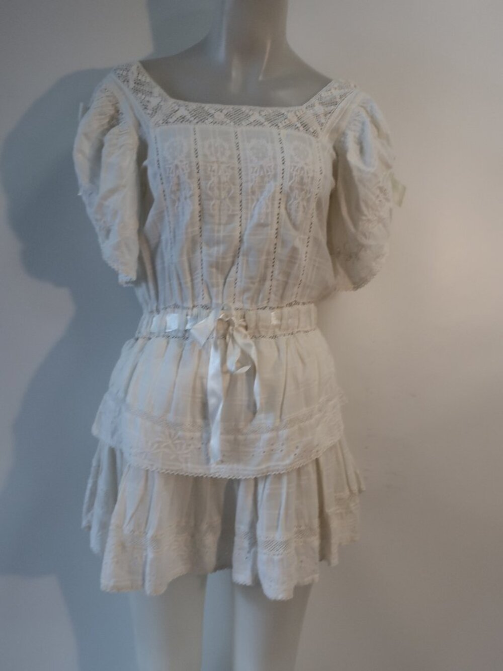 Womens LoveShackFancy Dorothy White (Item-24) Cotton Tiered Bows Mini Dress XS